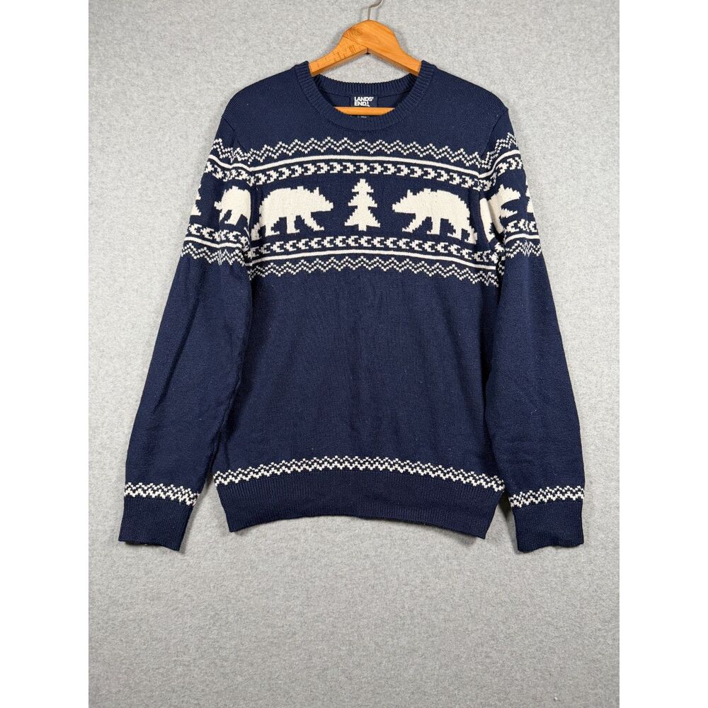 Lands' End Men's Small Navy Polar Bear Fair Isle Nordic Sweater Winter 0699